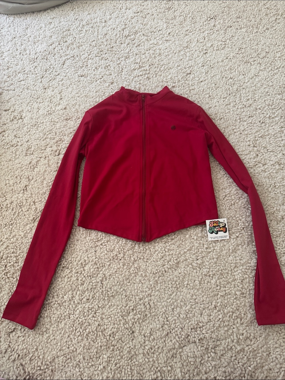 Salty Honey Cropped Zip-Front Long Sleeve Top in Deep Red New Medium